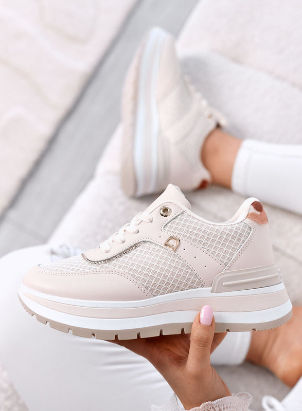 AGATA - Sneakers Platform Beige con Dettagli in Tessuto laminato