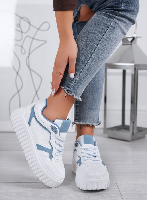 PAMELA - White platform sneakers with blue denim details