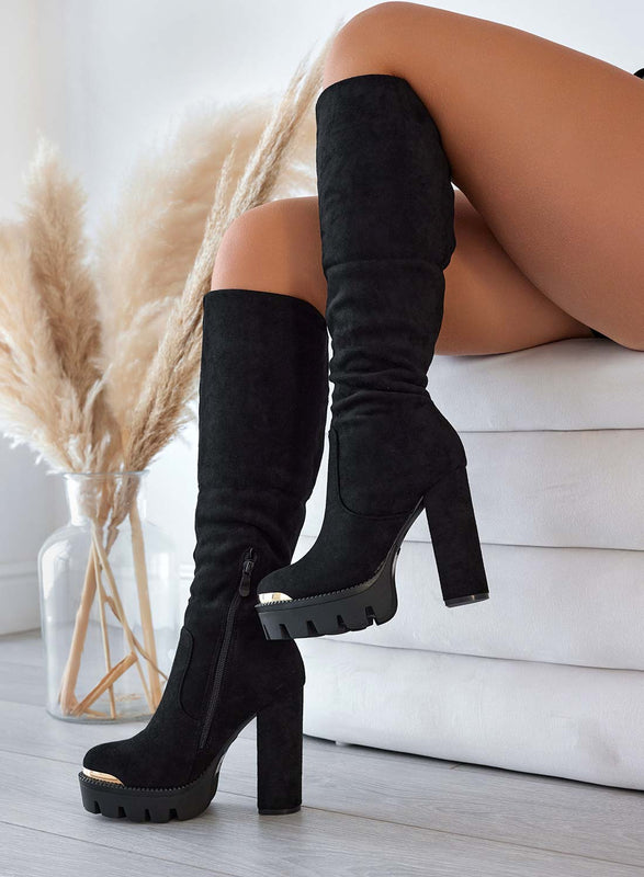 JOSEPH - Black suede boots with cuff and gold plate