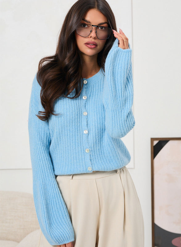 Blue Ribbed Cardigan with Buttons and Soft Sleeves