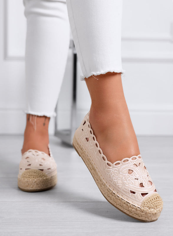 COLLINS - Alpargatas beige de encaje con suela de yute