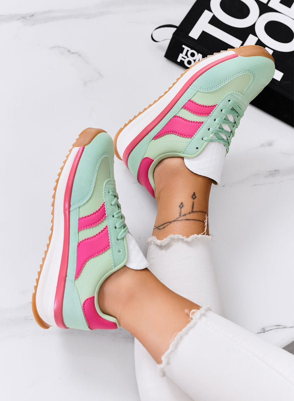 BIELLA - Zapatillas verdes de tela con detalles fucsia y suela de goma