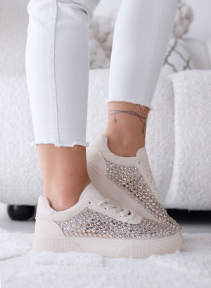 CASSANDRA - Zapatillas Beige con Strass y Detalles Brillantes