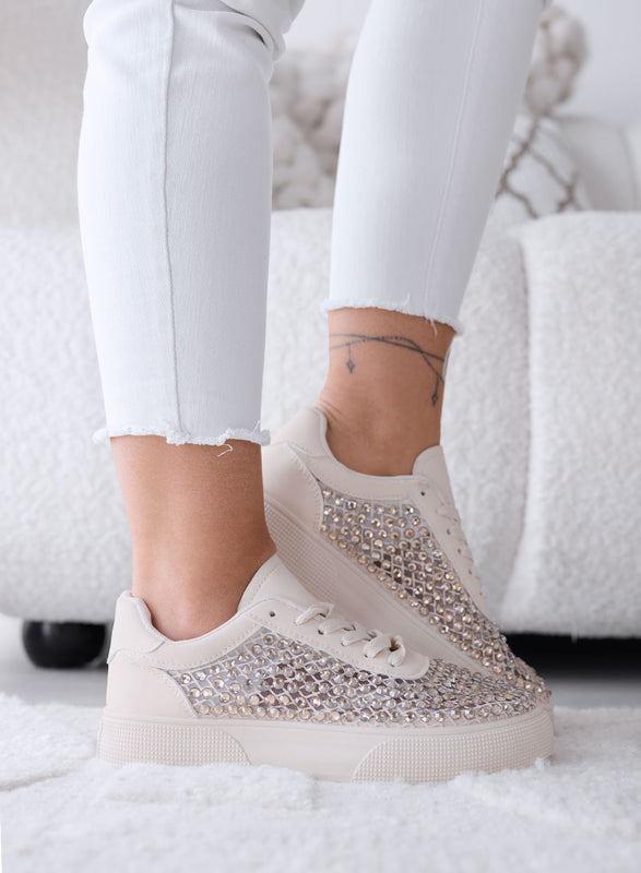 CASSANDRA - Beige Sneakers with Rhinestones and Shiny Details
