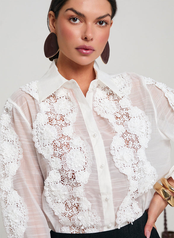 White shirt with macramé lace and pearl buttons