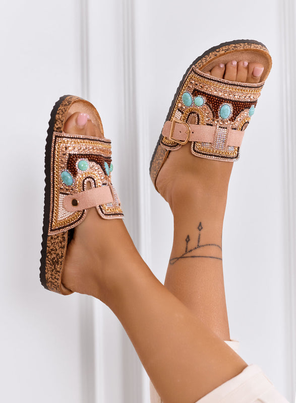 LIVIA - Sandales mules roses ornés de strass et boucle dorée