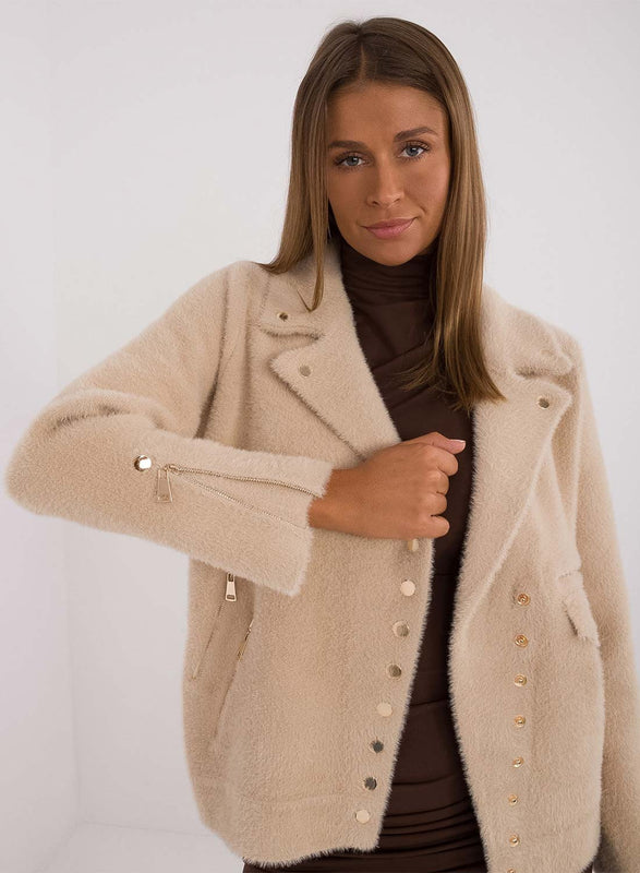 Short beige wool jacket with gold buttons