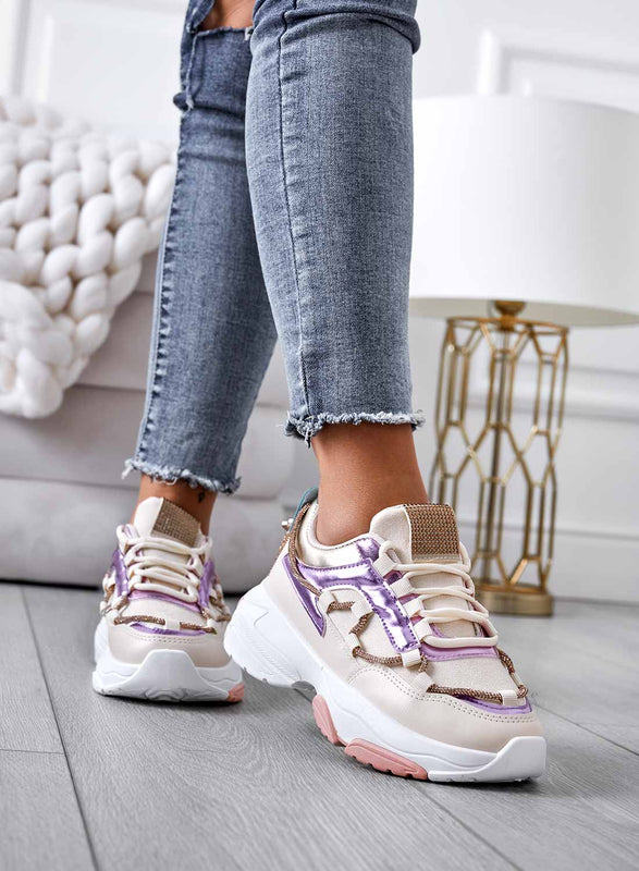 Beige sneakers with thick sole and rhinestones
