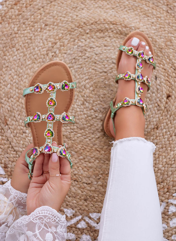 SHANA - Green flat jeweled sandals