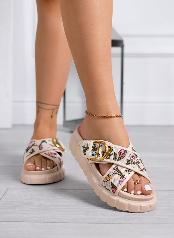 AXIDIE - Sandalias beige de tiras con suela chunky y estampado floral
