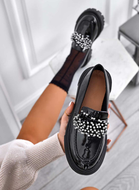 Black patent leather brogue loafers with rhinestones