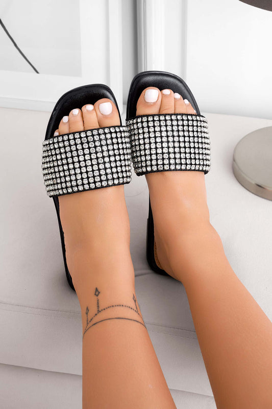 Black slide sandals with rhinestones