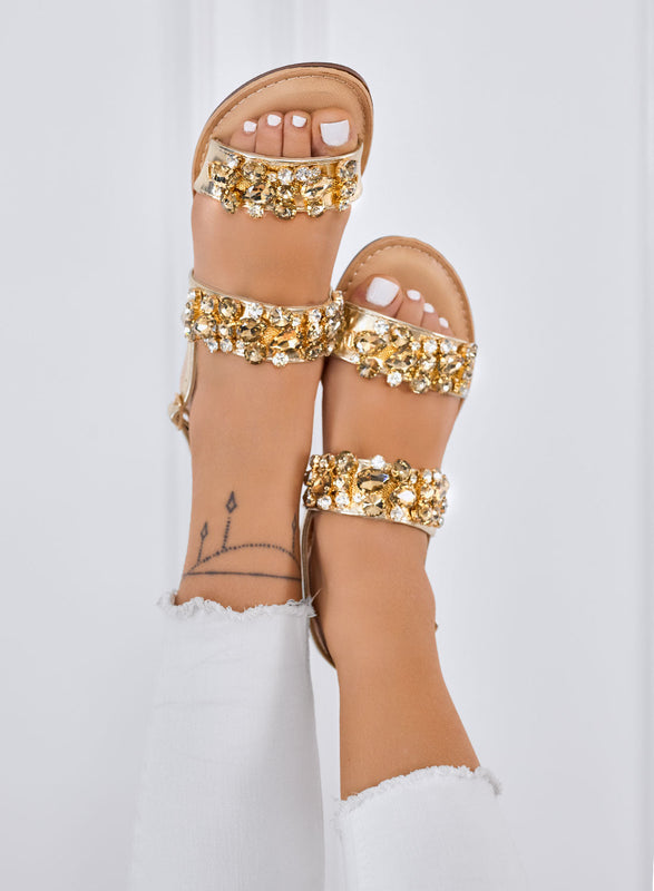 VITTORIA - Sandalias oro de joya con tacón bajo y strass