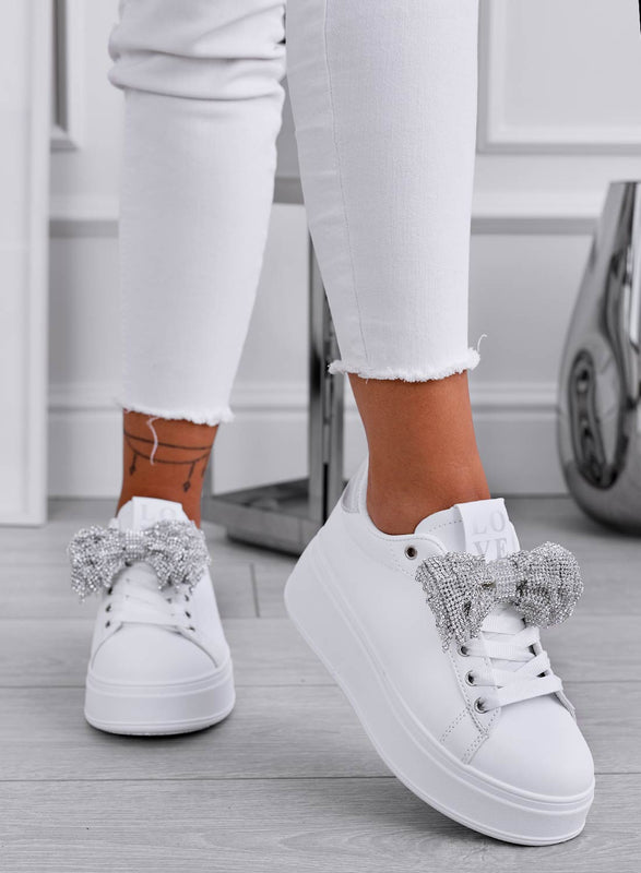 TULLIA - White sneakers with jeweled bow and silver heel