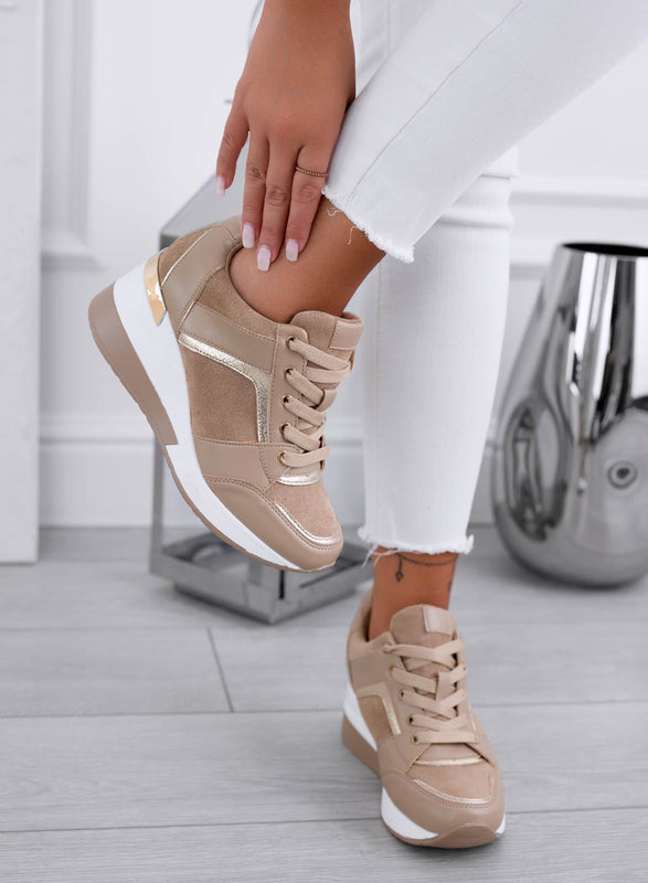 BARAN - Baskets couleur boue avec empiècements en tissu et semelle compensée