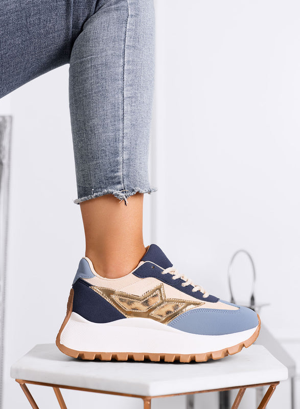CLARISSA - Sneakers blu e beige con dettaglio maculato e suola spessa