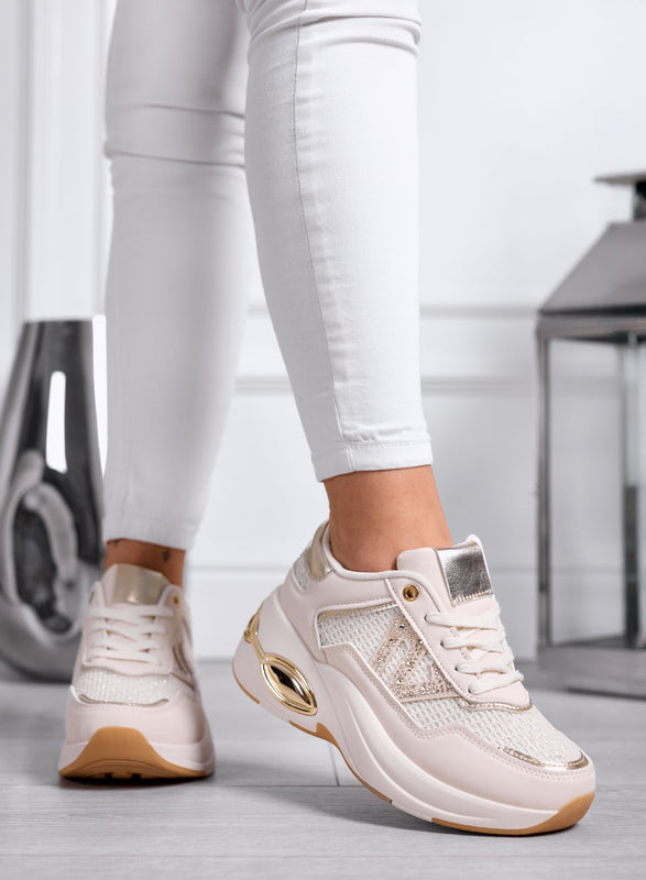 CAMILLA - Baskets beiges avec strass et détails dorés