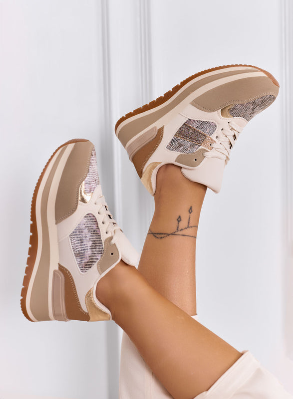 ISOTTA - Baskets beiges avec détails pailletés or et semelle compensée