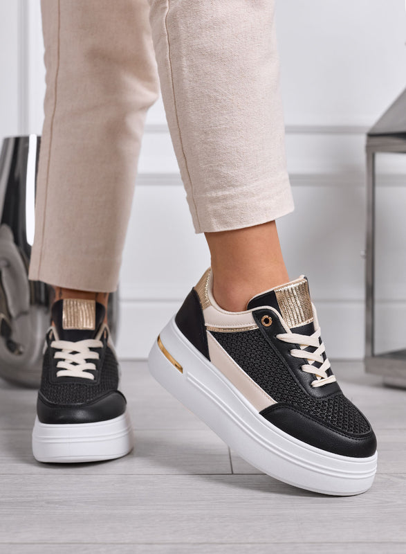 SONIA - Sneakers nere con inserti in tessuto e dettagli oro