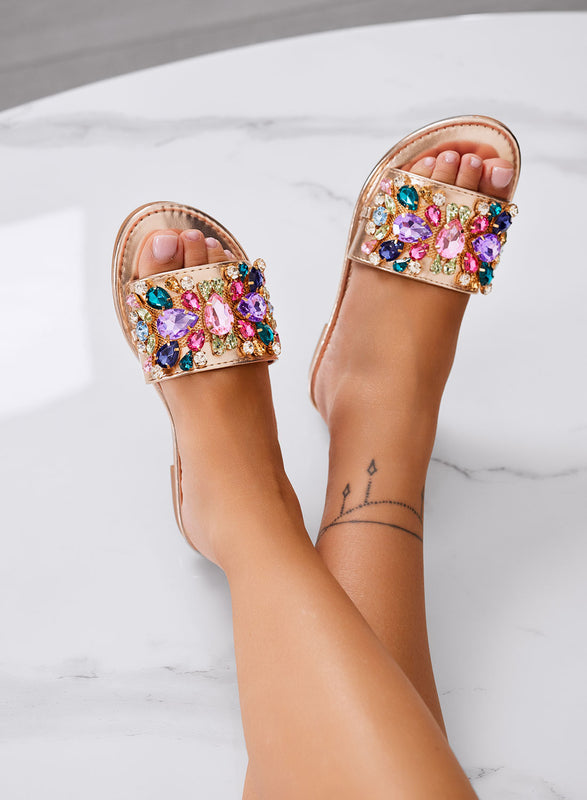 CLELIA - Sandales mules bijoux champagne avec pierres multicolores et semelle basse