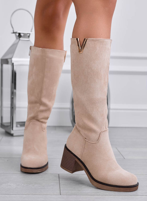 ALICE - Botas de ante beige con cómodo tacón en bloque