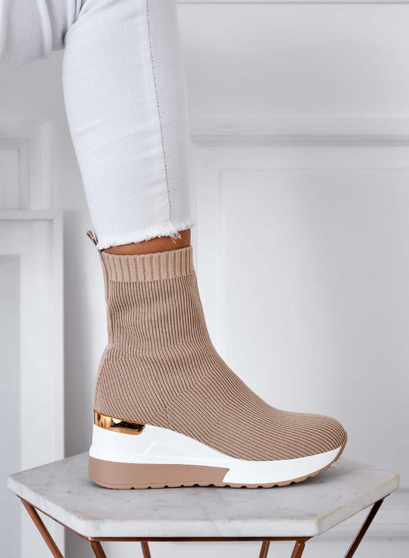 JUNA - Bottines beiges en tissu élastique avec semelle compensée