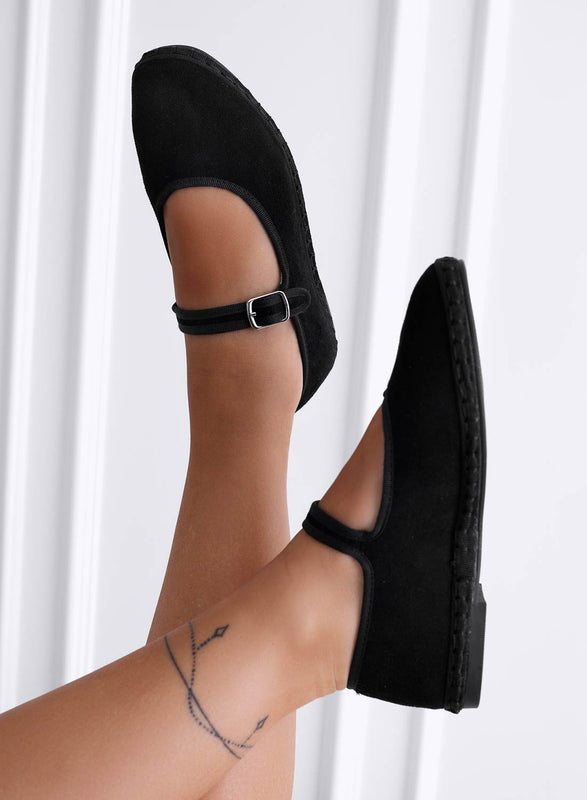 JENNIFER - Black Friulian suede ballet flats with buckle