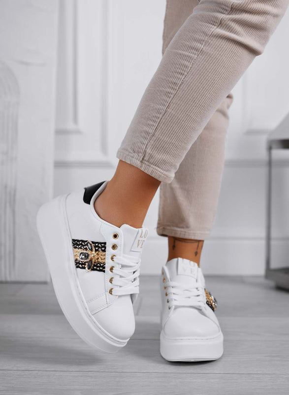 NELSON - Zapatillas blancas con detalle de abeja joya e inserciones negras
