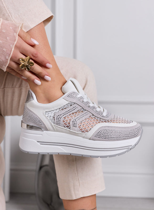 MIRANDA - White Platform Sneakers with Mesh Inserts and Silver Rhinestones