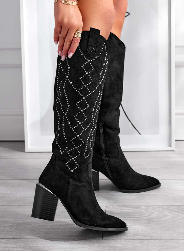 VERONICA - Bottes noires en daim avec strass