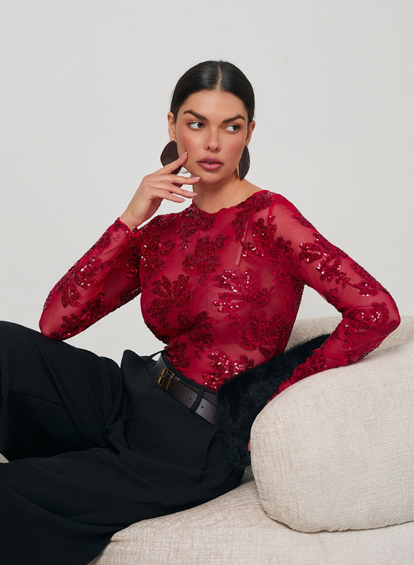 Red sheer bodysuit with sequin details