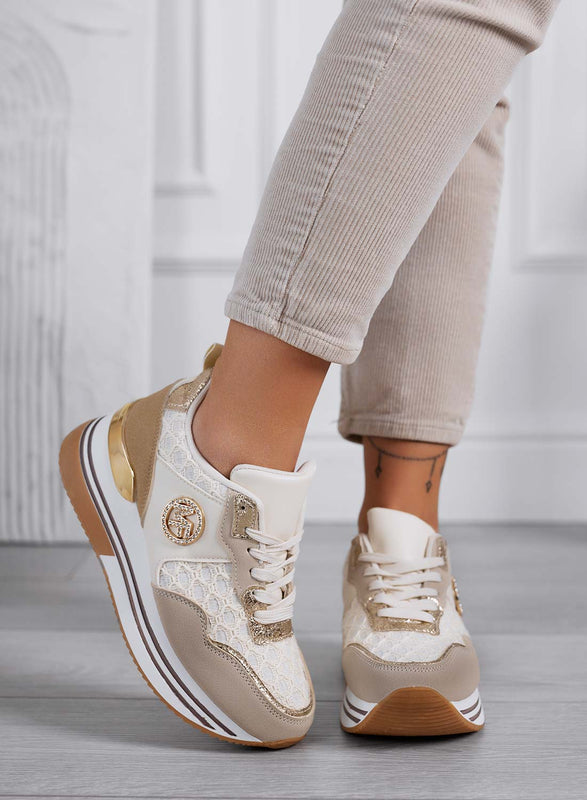 WALKER - Women's taupe sneakers with gold details and mesh texture