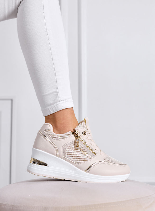 GEMMA - Sneakers beige con Zip Laterale e Inserti Rete