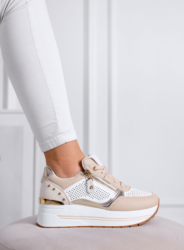 ENEA - Beige Sneakers with Side Zip and Gold Details