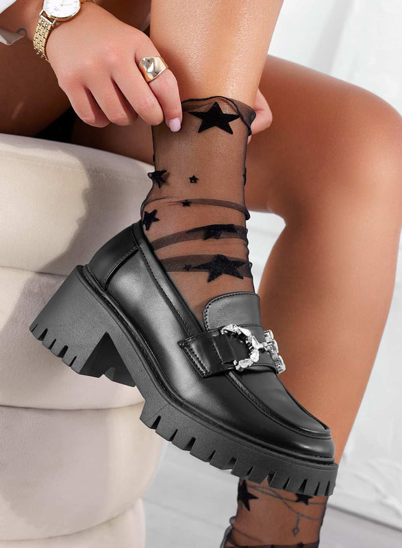 SARA - Mocassins noirs avec ornement bijou