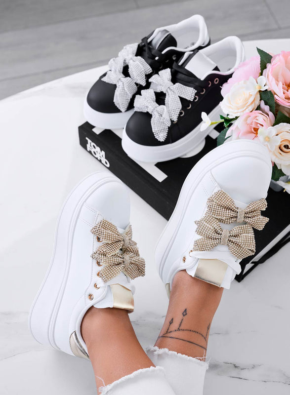 DEZZY - Zapatillas blancas con lazos de strass dorados