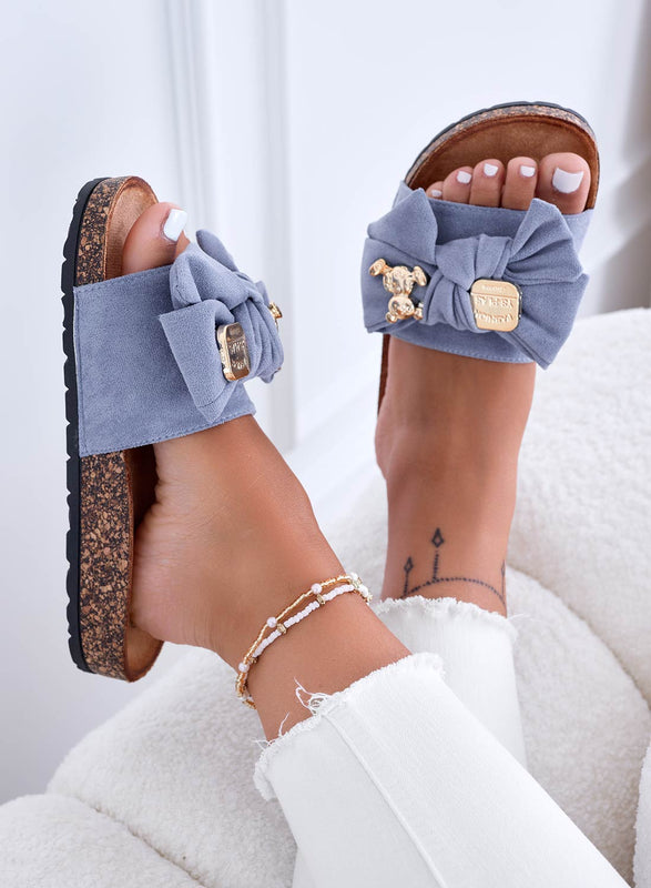 MARINA - Light blue slide sandals with bow and gold teddy
