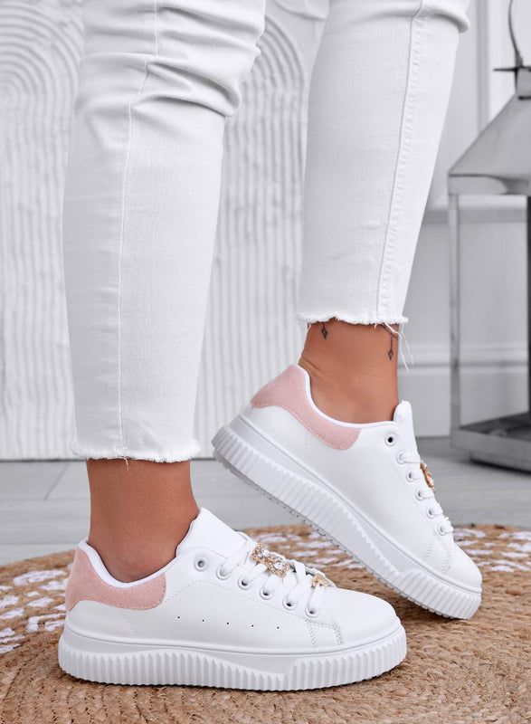 BEVERLY - White sneakers with jeweled teddy bear and pink heel