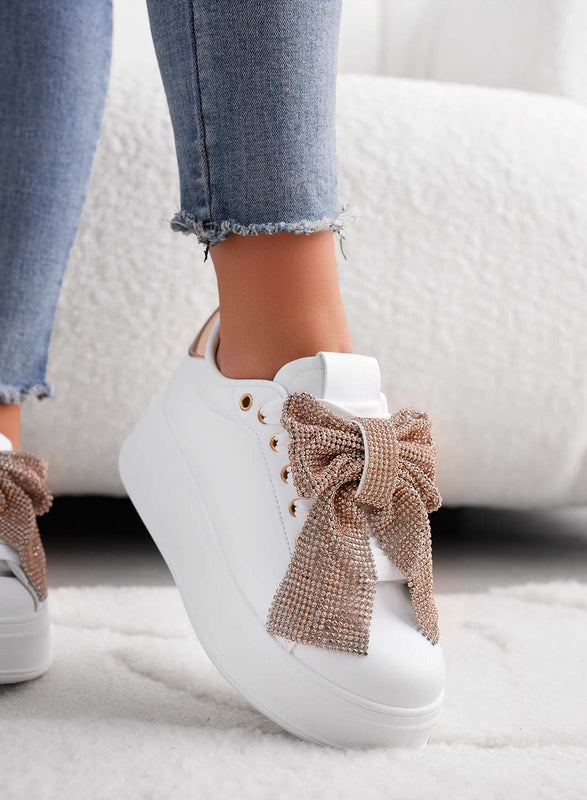 BELGA - White sneakers with rose gold rhinestone bow