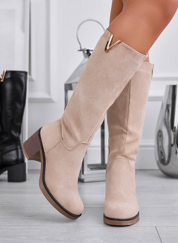 ALICE - Botas de ante beige con cómodo tacón en bloque