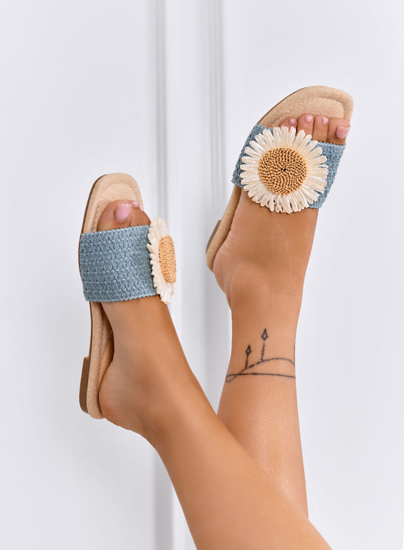 GISELLA - Sandales mules bleues avec maxi fleur décorative