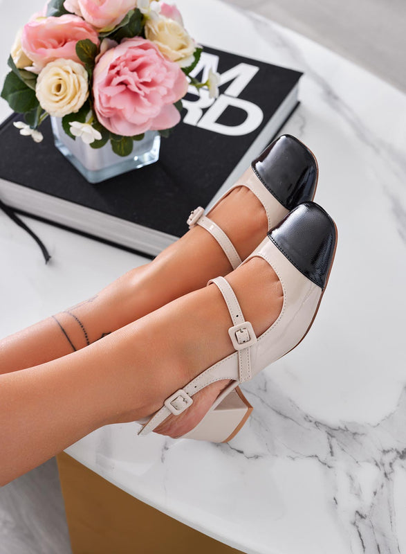 ARIZONA - Zapatos beige slingback bicolor con punta negra