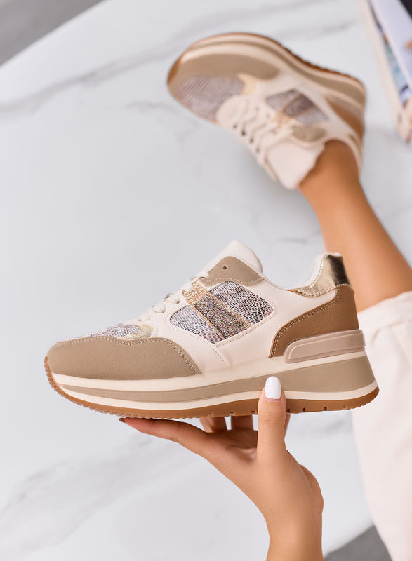 ISOTTA - Baskets beiges avec détails pailletés or et semelle compensée