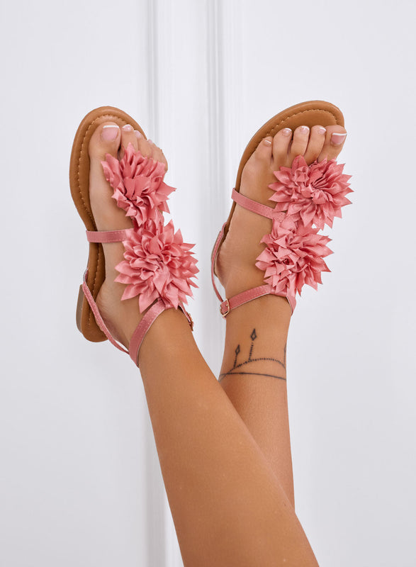 Sandalias de dedo rosas de satén con apliques de flores Connie
