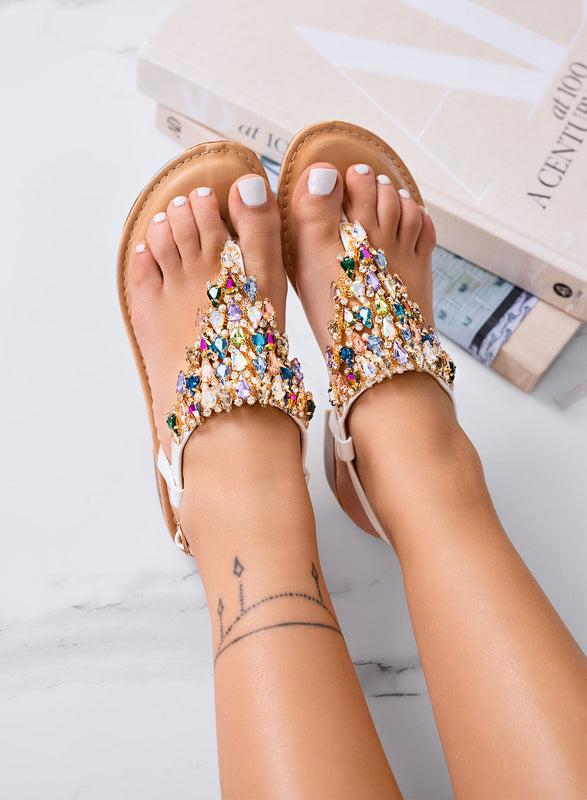 EDDIE - Sandalias joya blancas bajas con piedras multicolores