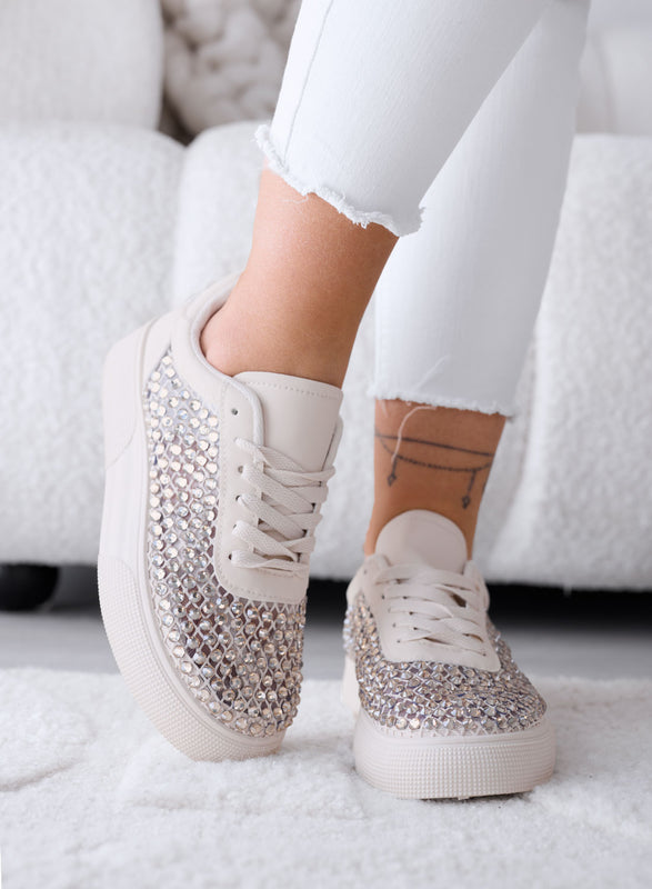 CASSANDRA - Beige Sneakers with Rhinestones and Shiny Details