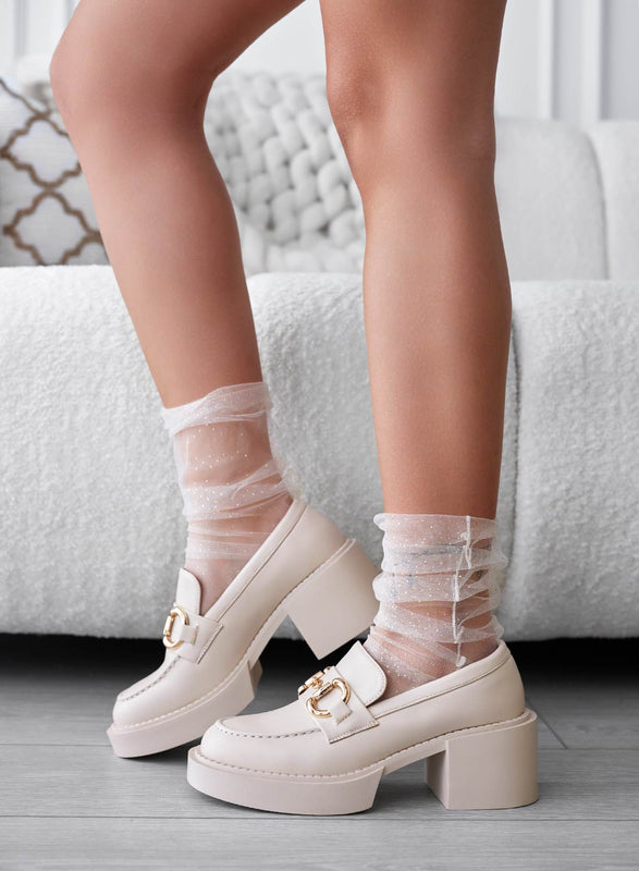 Mocassini beige platform con fibbia oro