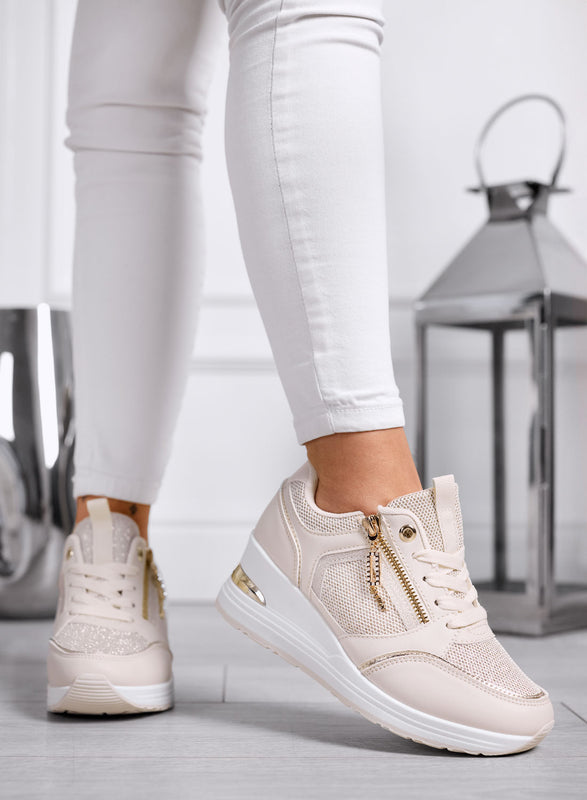 GEMMA - Sneakers beige con Zip Laterale e Inserti Rete