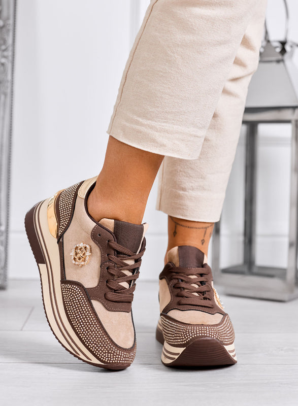 XIOMARA - Sneakers marroni platform con inserti oro e strass