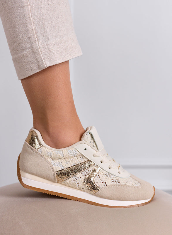GIULIANA - Beige sneakers with lace and gold inserts